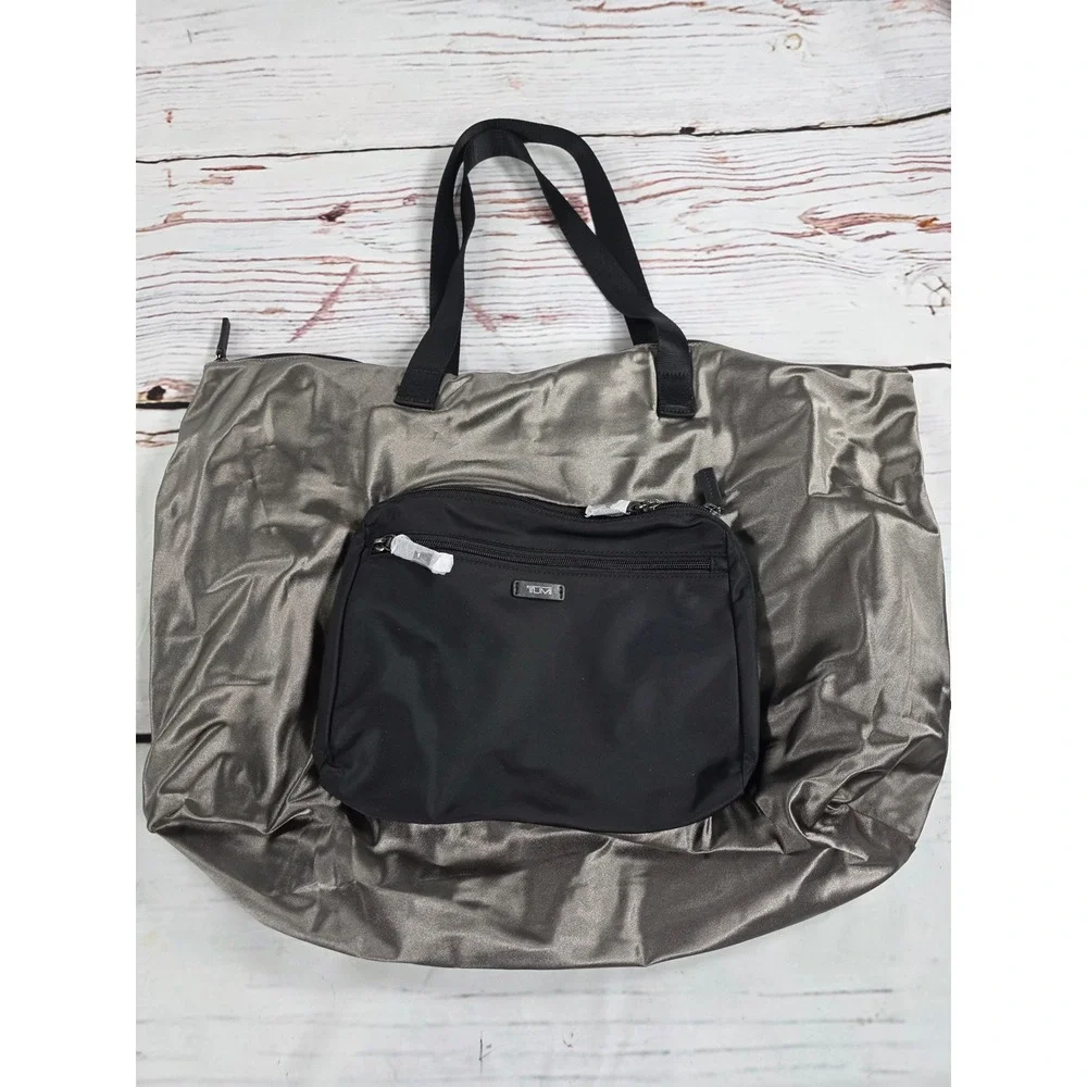 Tumi Just In Case Foldable Travel Tote Bag Metallic Pewter Black Nylon 0481849D